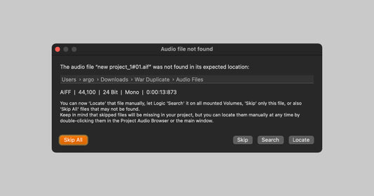 Error dialog box in Logic Pro X displaying 'Audio file not found' with file path and options to 'Skip All,' 'Skip,' 'Search,' and 'Locate.'